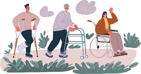 Vector illustration of Disabled people with disability, therapy, reabilitation. Man on crunch, woman in wheelchcair, Oldman elderly man