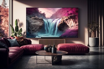 Spacious Modern Living Room with Luxurious Magenta Leather Sofa and Wooden Coffee Table