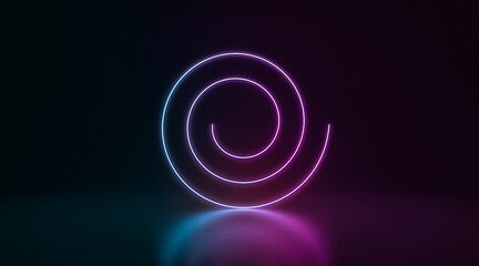 Colored neon glowing volute frame stand in darkness