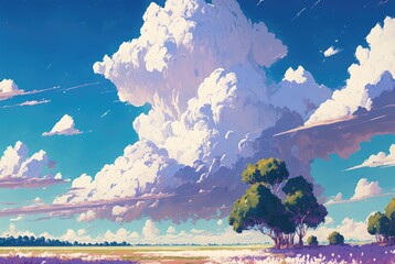 Rural countryside, sunny warm day with breathtaking clouds; wholesome and peaceful ambience. Rejuvenating spring season natural beauty - generative AI illustration.