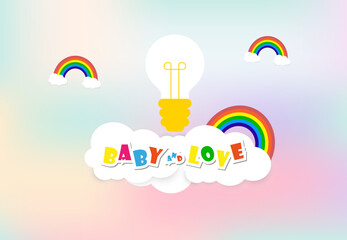 Three rainbow and Light of idea with soft white Clouds, with space for text, kids and family love concept banner design