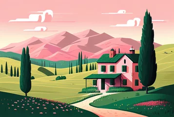Draagtas Country landscape in pink and green tones, Italian or French village, illustration background. Generative AI © masharinkaphotos
