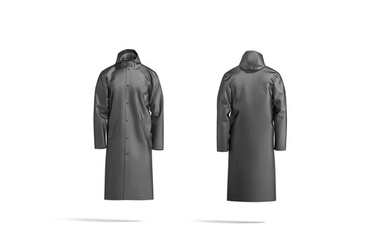 Blank black protective raincoat mockup, front and back view