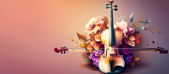 beautiful violin with rustic colourful flower in pastel background for musical banner generative ai