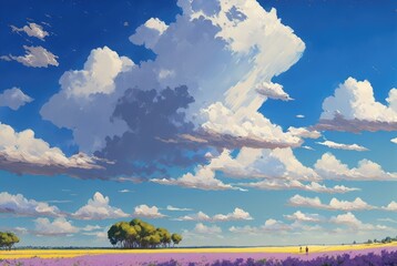 Rural countryside, sunny warm day with breathtaking clouds; wholesome and peaceful ambience. Rejuvenating spring season natural beauty - generative AI illustration.