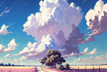 Rural countryside, sunny warm day with breathtaking clouds; wholesome and peaceful ambience. Rejuvenating spring season natural beauty - generative AI illustration.