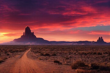 Striking panoramic landscape view of a dirt road in the dry desert with a mountain peak in the background. Colorful Sunset Sky Art Render. Taken at Shiprock, New Mexico, United States. Generative AI