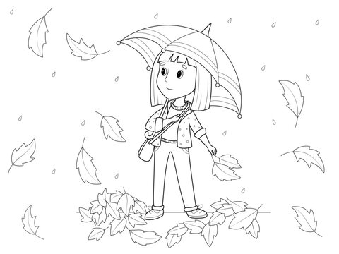 Girl in rain with an umbrella, falling leaves. Children coloring book, black lines on a white background.