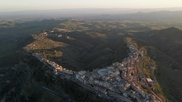 Aerial view of Centuripe, a small town on mountain crests in Enna province, Sicily, Italy.