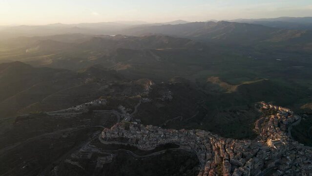 Aerial view of Centuripe, a small town on mountain crests in Enna province, Sicily, Italy.
