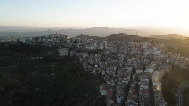 Aerial view of Centuripe, a small town on mountain crests in Enna province, Sicily, Italy.