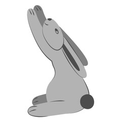 Cute monochrome rabbit sits and stretches its paws up to the left. Color cartoon flat vector illustration.