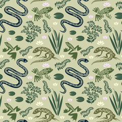 Seamless pattern with snake, lizard and frogs in the swamp