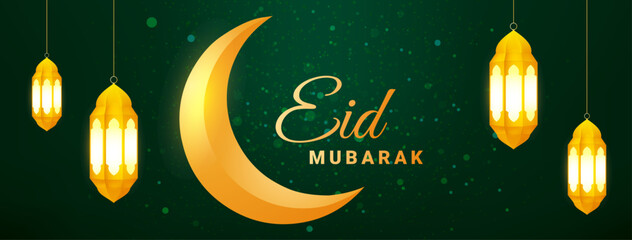 Eid mubarak islamic banner design. Green gradient eid mubarak background with hanging ornaments. Vector illustration