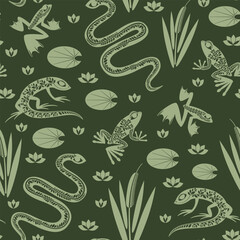 Seamless pattern with snake, lizard and frogs in the swamp
