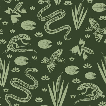 Seamless pattern with snake, lizard and frogs in the swamp