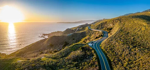 Poster California Raodtrip. Highway 1 Aerial panorama at sunset. Muir Woods, San Francisco © cloudless