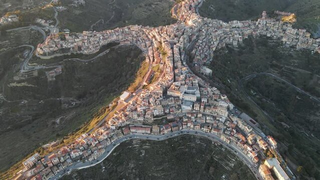 Aerial view of Centuripe, a small town on mountain crests in Enna province, Sicily, Italy.