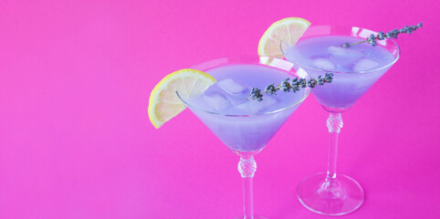 Lavender lemonade with lemon and ice in martini glasses on the bright pink background. Copy space. Close-up.