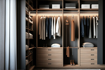 Inside a walk in closet design, a contemporary oak wardrobe with clothes hung on a rail. Generative AI