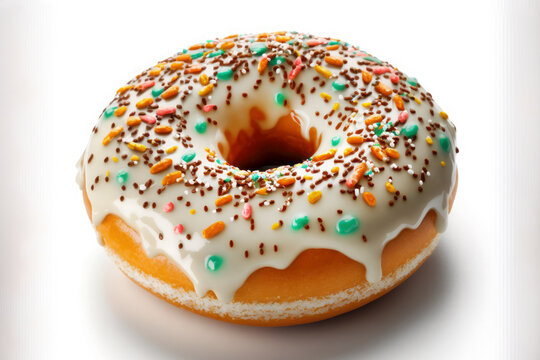 Delicious sweet glazed donut with sprinkles isolated on white background. Ai generative