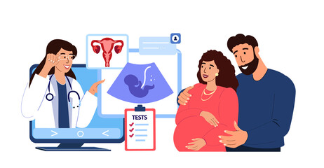 Gynecologist Doctor Consultate Pregnant Woman and Man.Online Digital Ultrasound.Prenatal Care,Management of Pregnancy,Medical Hospital.Internet Online Female Diagnostics.Flat Vector Illustration