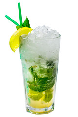 Mojito cocktail with lemon and mint in a tall glass with ice