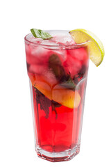 Berry lemonade with lemon slices and strawberries in a tall glass. Red cocktail with citrus and strawberries.