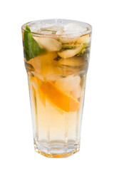 Lemonade with lemon slices and mint in a tall glass. Yellow cocktail with citrus