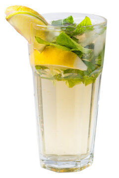 Lemonade With Lemon Slices And Mint In A Tall Glass With Ice. Yellow Cocktail With Citrus