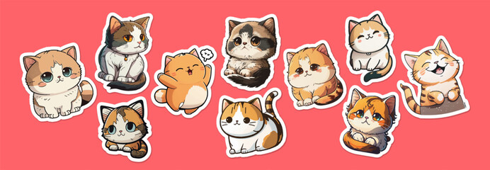 Big bundle of stickers with funny and cute cats.Vector collection sticker of funny cats on pink isolated background. AI. Doodle cartoon style.  - obrazy, fototapety, plakaty