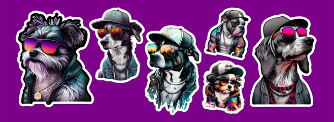 Big bundle of stickers with funny and cute dogs.Vector collection sticker of funny dogs on purple isolated background. AI. Doodle cartoon style.