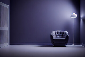 Interior single chair design in purple theme for magazine, website, with text space, generative, ai, generative ai,