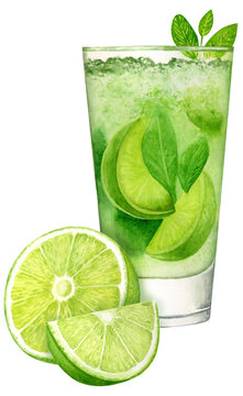 Watercolor drawing of a mojito cocktail. Mint, lime, ice in a glass glass. The concept of soft drinks. Hand-drawn.