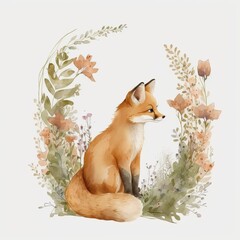 drawing of a sitting fox with flowers
  white background Generative AI