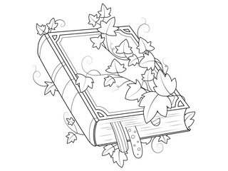 Vintage book entwined with ivy. Children coloring book, black lines on a white background.