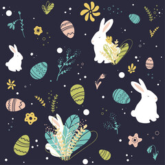 Easter pattern contains hares, eggs, leaves, bushes, decor. The pattern can be used for holiday wrapping paper