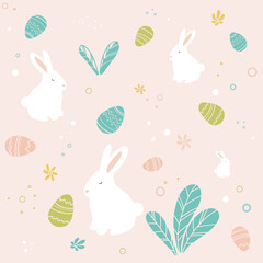 Easter pattern contains hares, eggs, leaves, bushes, decor. The pattern can be used for holiday wrapping paper