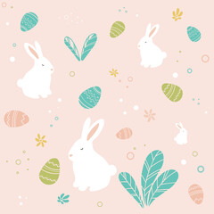 Easter pattern contains hares, eggs, leaves, bushes, decor. The pattern can be used for holiday wrapping paper
