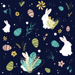 Easter pattern contains hares, eggs, leaves, bushes, decor. The pattern can be used for holiday wrapping paper