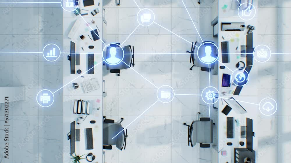 Wall mural digital network growing over the corporate working office with remote workers and computers top down