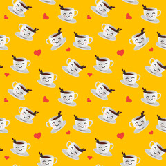 3d seamless pattern with coffee cup and heart on yellow color background. 3d design of coffee illustration for banner