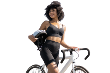 A woman using a bicycle, transparent background, png, isolated.