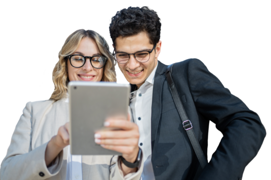 Male and female colleagues using the internet on a tablet, transparent background, png, isolated.