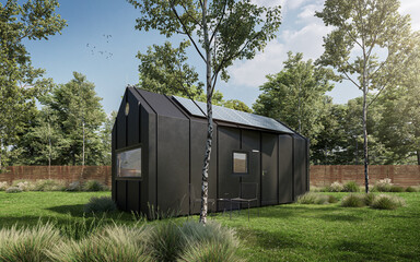 Tiny house in garden. Minimal house in garden.