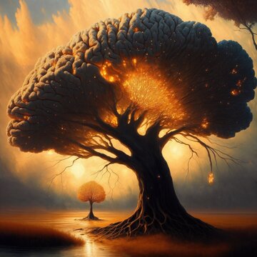 abstract oil painting of tree shaped like brain with a intense sunset background, generative art