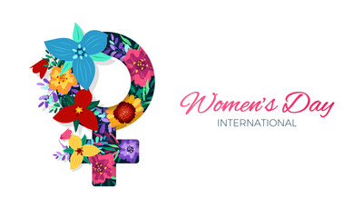 International women's day banner with woman sign and spring flowers.  - obrazy, fototapety, plakaty