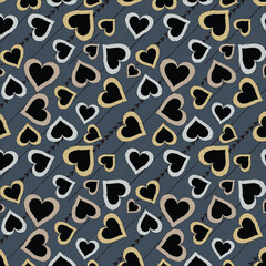 Seamless pattern of ecru, khaki, silver color heart shape with black color arrows creatively arranged on charcoal background. valentine day pattern, textile design, wallpaper, poster, greeting card.