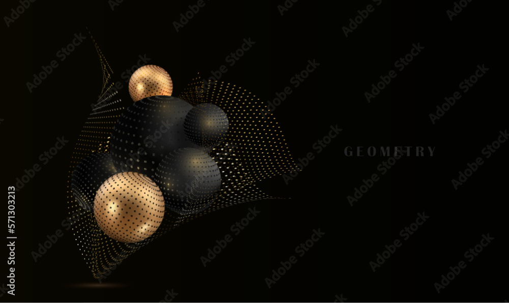 Poster cover with a geometric pattern. vector 3d spheres with golden dots, sparkling wavy pattern.