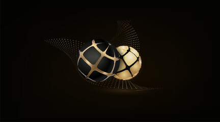 Rich luxury vector design. Black and gold background with flying balls in black space.